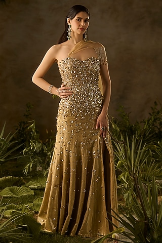 Golden Textured Jacquard Hand Embroidered Gown by Parul Gandhi
