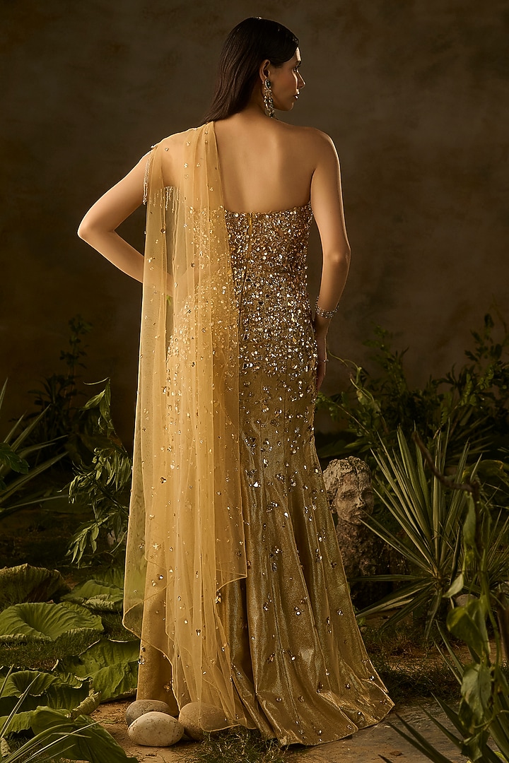 Golden Textured Jacquard Hand Embroidered Wedding Gown by Parul Gandhi at Pernia's Pop Up Shop
