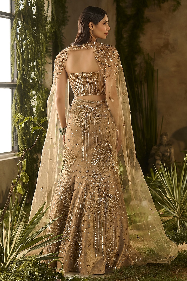 Golden Textured Jacquard Hand Embroidered Wedding Lehenga Set by Parul Gandhi at Pernia's Pop Up Shop