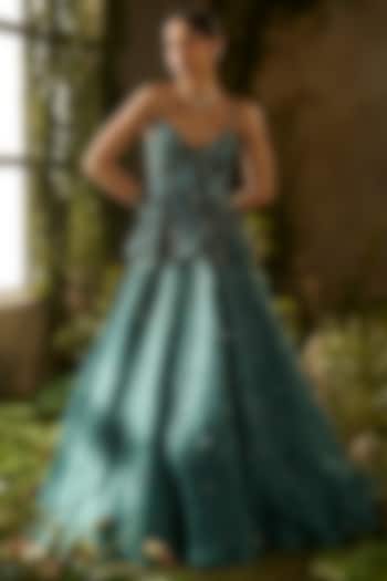 Dark Green Satin Organza Hand Embroidered Skirt Set by Parul Gandhi at Pernia's Pop Up Shop