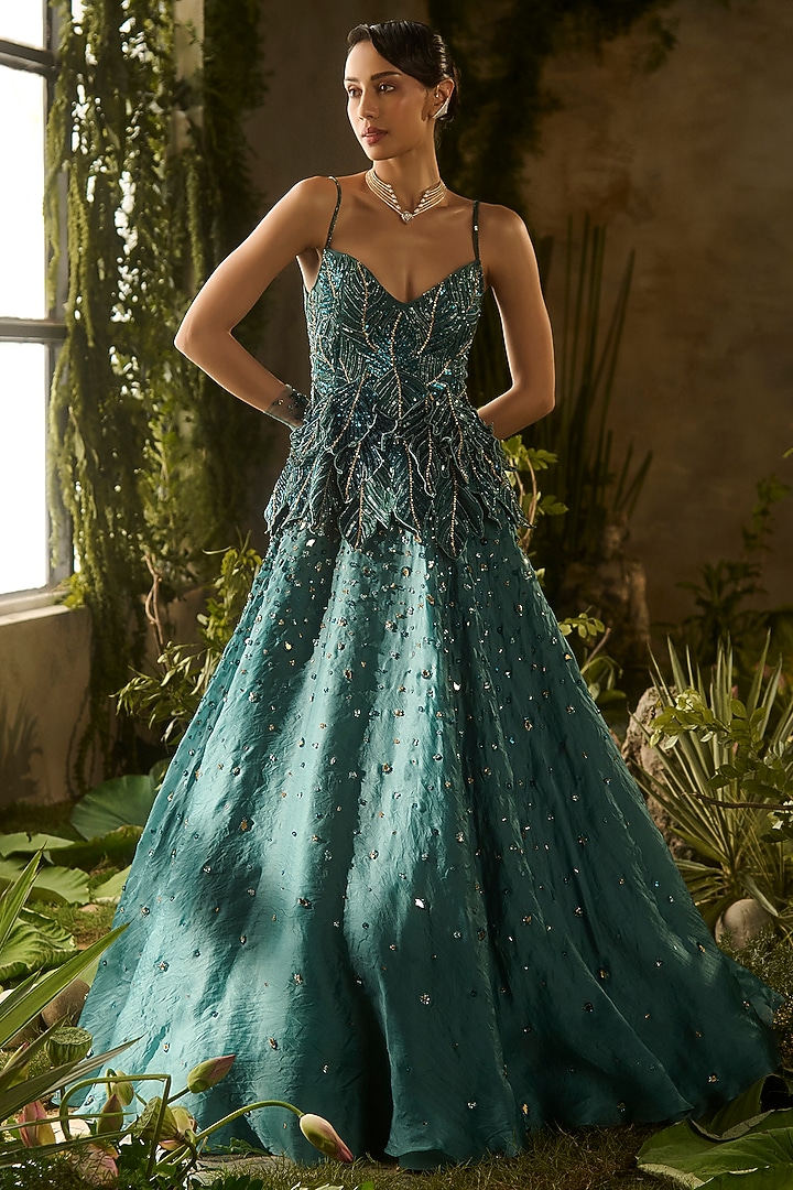 Dark Green Satin Organza Hand Embroidered Skirt Set by Parul Gandhi at Pernia's Pop Up Shop