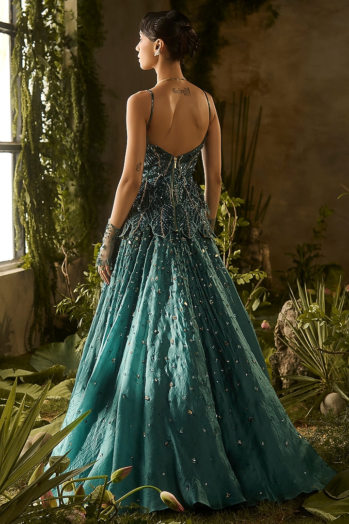 Dark Green Satin Organza Hand Embroidered Skirt Set by Parul Gandhi at Pernia's Pop Up Shop