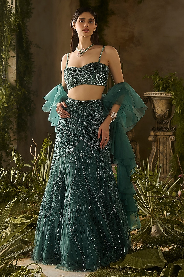 Olive Green Tokyo Mesh Hand Embellished Wedding Lehenga Set by Parul Gandhi at Pernia's Pop Up Shop