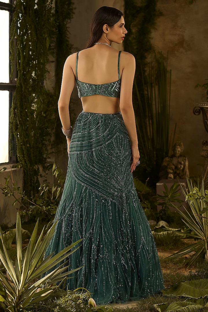 Olive Green Tokyo Mesh Hand Embellished Wedding Lehenga Set by Parul Gandhi at Pernia's Pop Up Shop