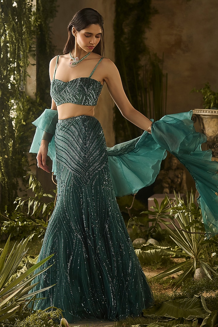 Olive Green Tokyo Mesh Hand Embellished Wedding Lehenga Set by Parul Gandhi at Pernia's Pop Up Shop