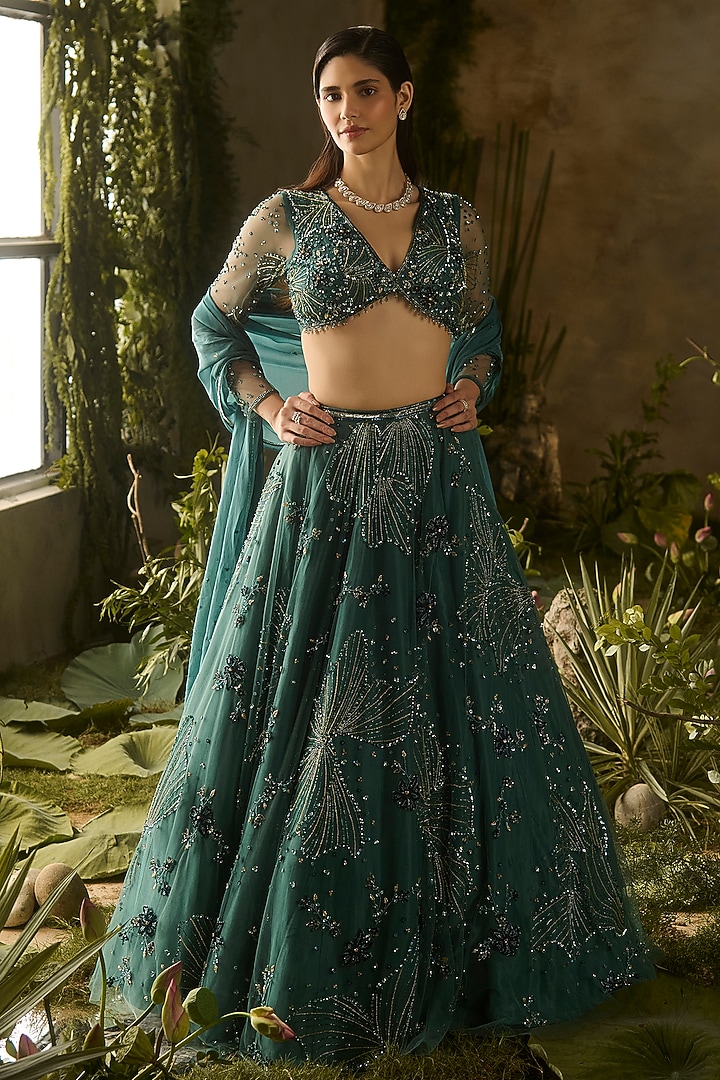 Dark Green Tokyo Mesh Hand Embellished Bridal Lehenga Set by Parul Gandhi at Pernia's Pop Up Shop