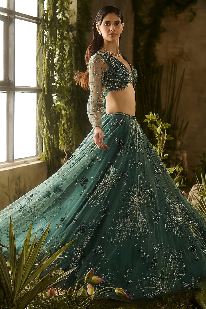 Dark Green Tokyo Mesh Hand Embellished Bridal Lehenga Set by Parul Gandhi at Pernia's Pop Up Shop