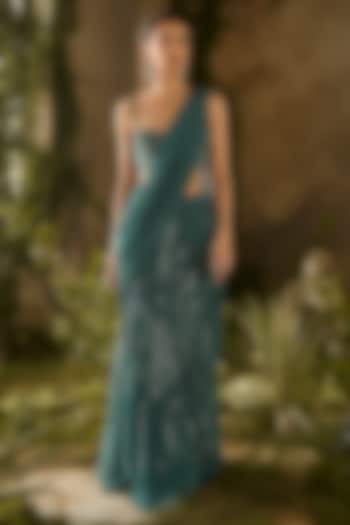 Olive Green Silk Organza Draped Wedding Saree Set by Parul Gandhi at Pernia's Pop Up Shop