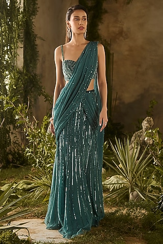 Olive Green Silk Organza Draped Saree Set by Parul Gandhi