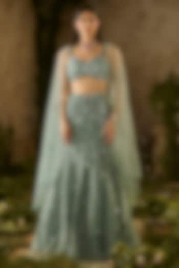 Sea Green Tokyo Mesh Hand Embroidered Wedding Lehenga Set by Parul Gandhi at Pernia's Pop Up Shop