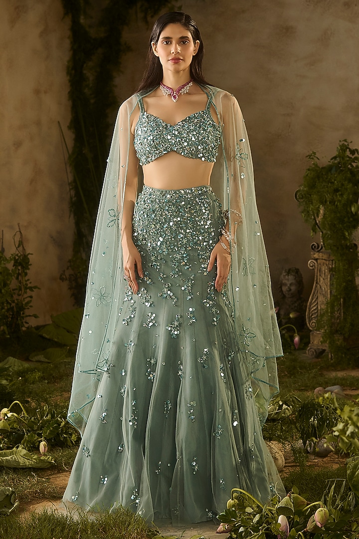 Sea Green Tokyo Mesh Hand Embroidered Wedding Lehenga Set by Parul Gandhi at Pernia's Pop Up Shop