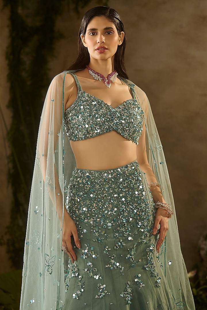 Sea Green Tokyo Mesh Hand Embroidered Wedding Lehenga Set by Parul Gandhi at Pernia's Pop Up Shop