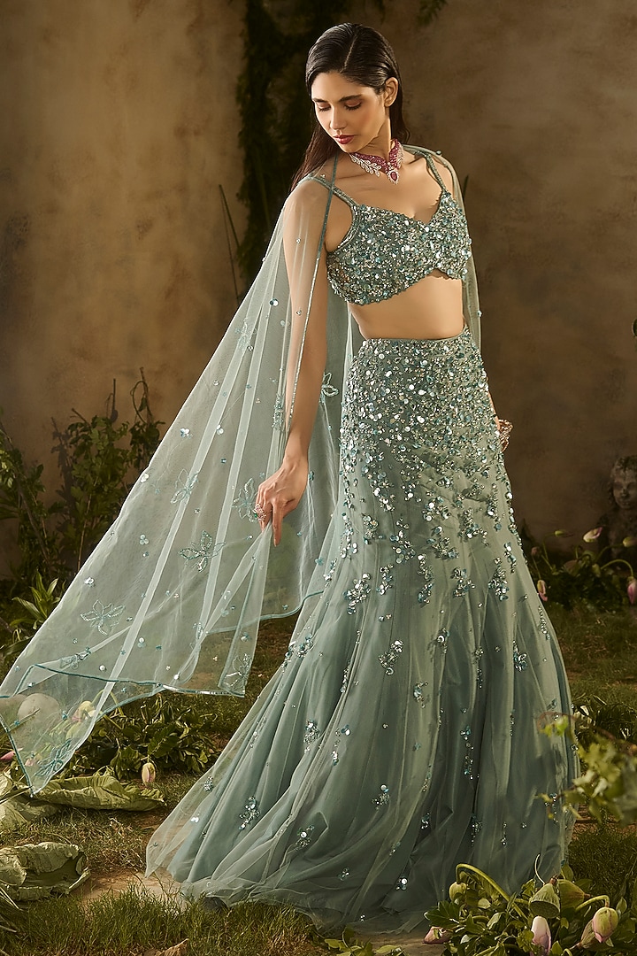 Sea Green Tokyo Mesh Hand Embroidered Wedding Lehenga Set by Parul Gandhi at Pernia's Pop Up Shop