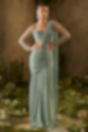 Sea Green Pure Georgette Draped Wedding Saree Set by Parul Gandhi at Pernia's Pop Up Shop