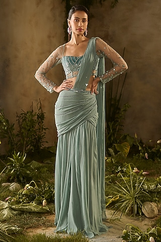 Sea Green Pure Georgette Draped Saree Set by Parul Gandhi