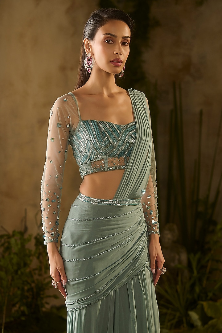 Sea Green Pure Georgette Draped Wedding Saree Set by Parul Gandhi at Pernia's Pop Up Shop
