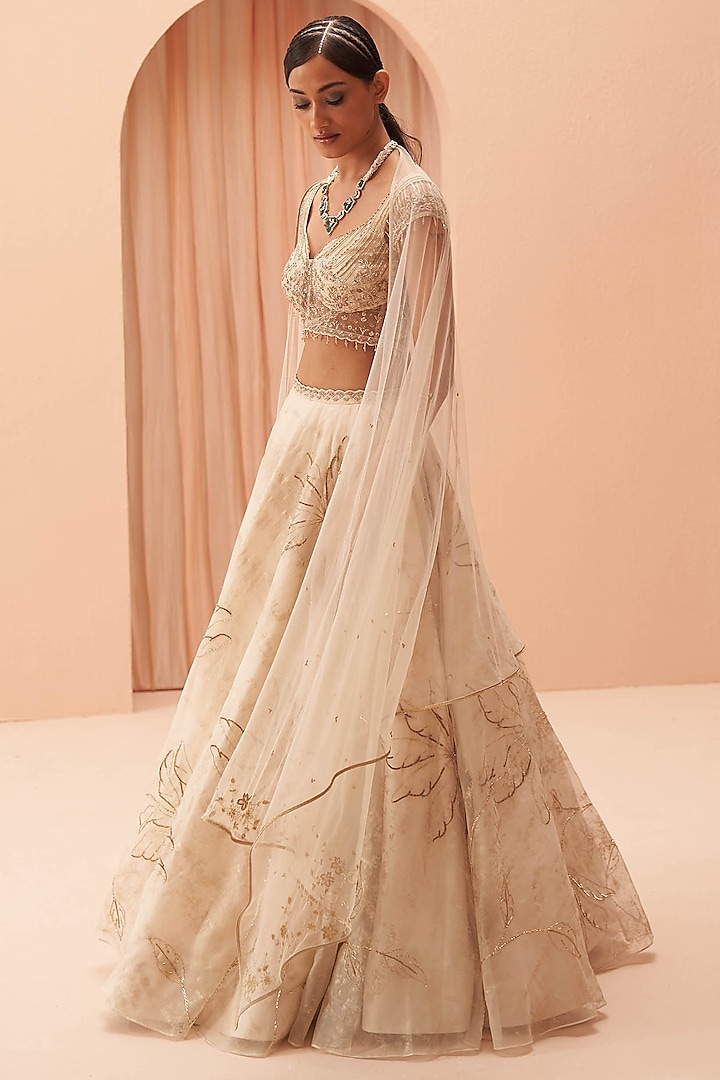 Off-White Gold Hand Embroidered Lehenga Set by Parul Gandhi
