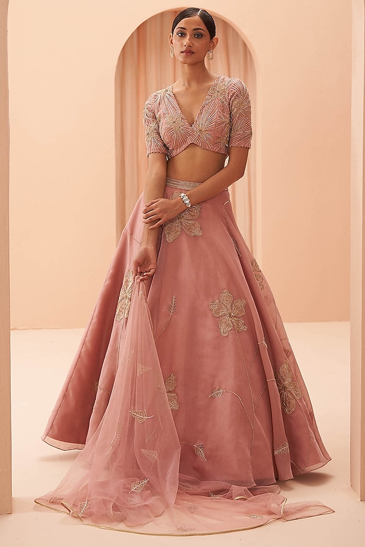 Soft Pink Hand Embroidered Lehenga Set by Parul Gandhi