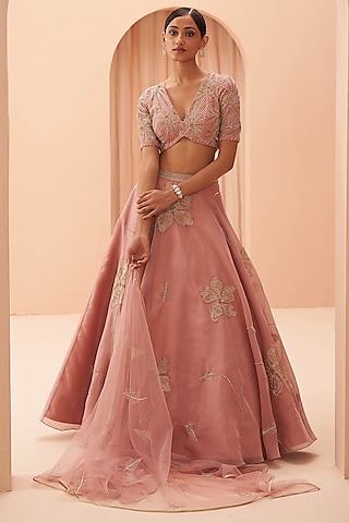 Soft Pink Hand Embroidered Lehenga Set by Parul Gandhi
