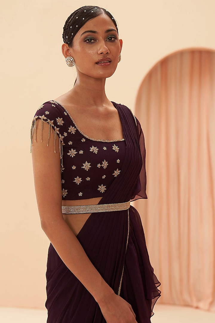 Wine Ruffled Wedding Saree Set by Parul Gandhi at Pernia's Pop Up Shop