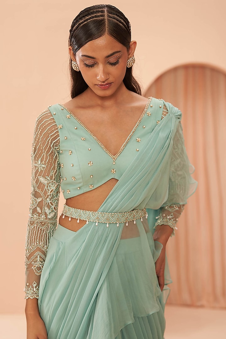Mint Ruffled Wedding Saree Set by Parul Gandhi at Pernia's Pop Up Shop