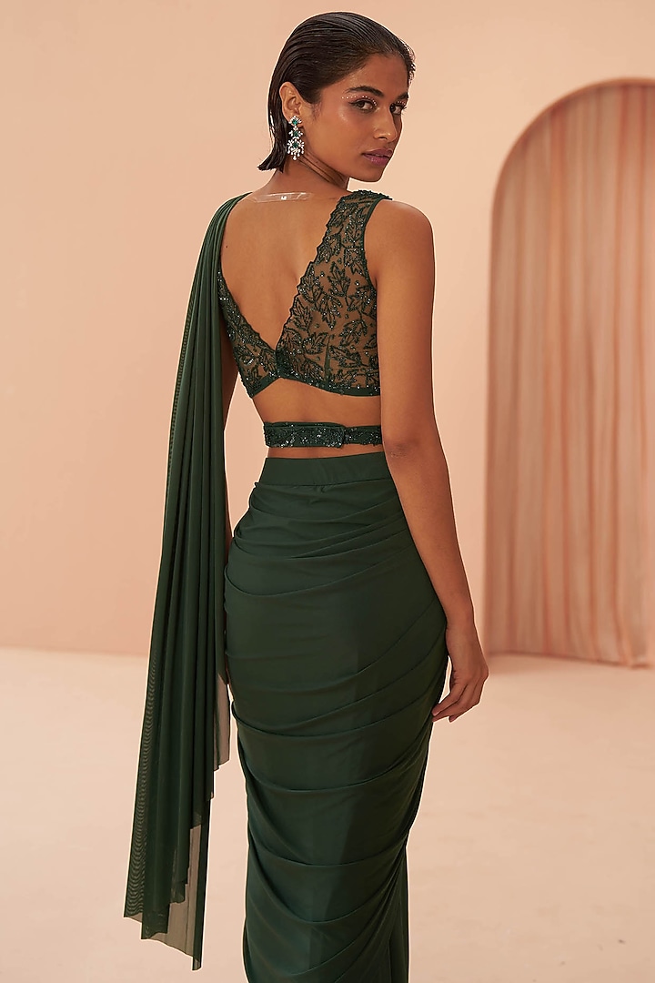 Bottle Green Lycra Pre-Draped Wedding Saree Set by Parul Gandhi at Pernia's Pop Up Shop