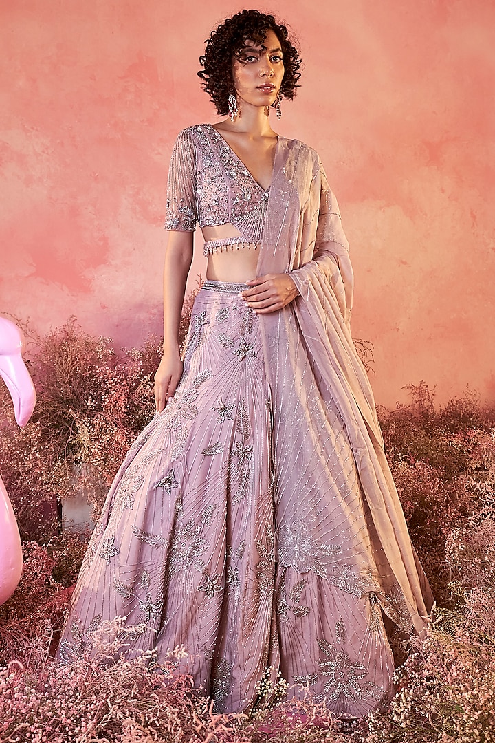 Lilac Mesh Embellished Wedding Lehenga Set by PARUL GANDHI at Pernia's Pop Up Shop