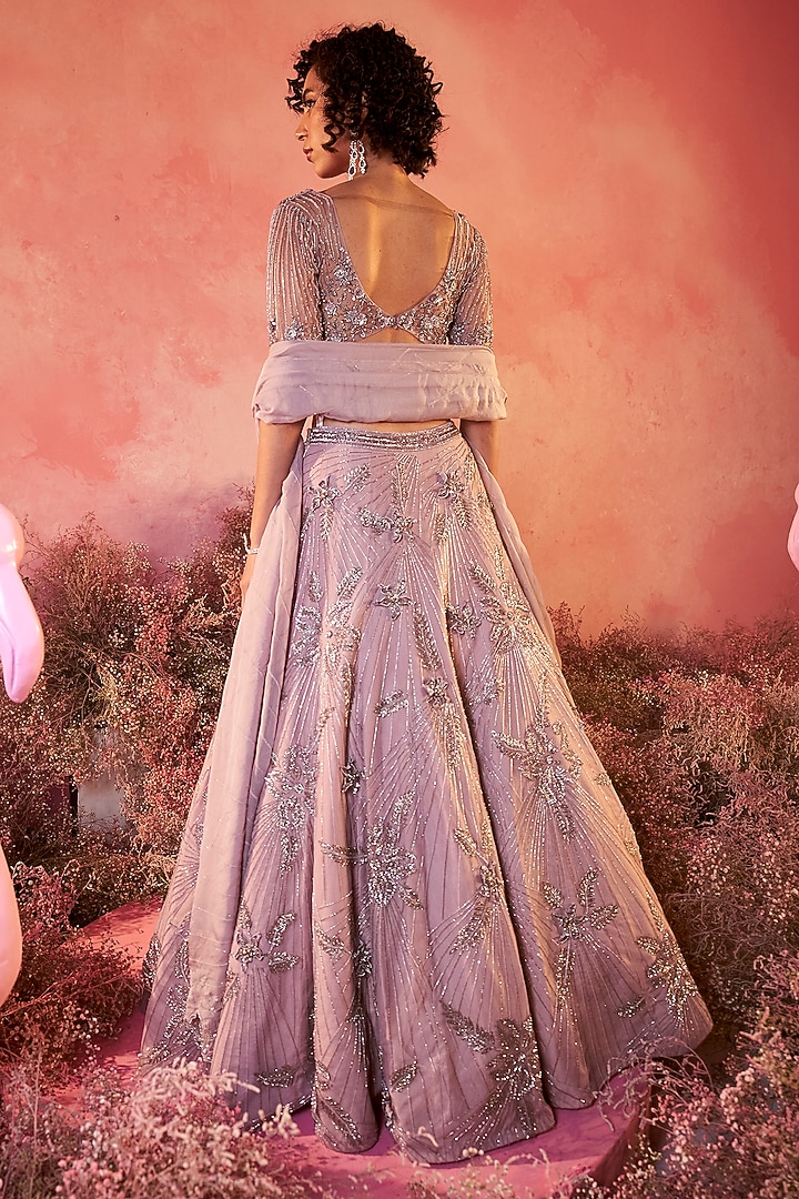 Lilac Mesh Embellished Wedding Lehenga Set by PARUL GANDHI at Pernia's Pop Up Shop