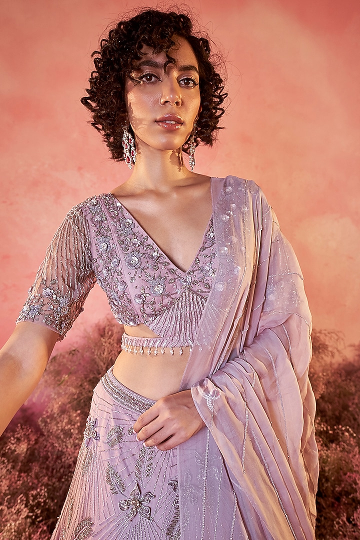 Lilac Mesh Embellished Wedding Lehenga Set by PARUL GANDHI at Pernia's Pop Up Shop