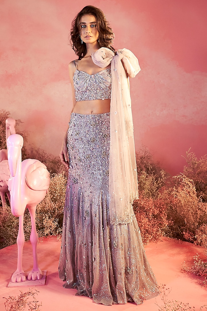 Grey Sequins Mesh Embroidered Lehenga Set by PARUL GANDHI