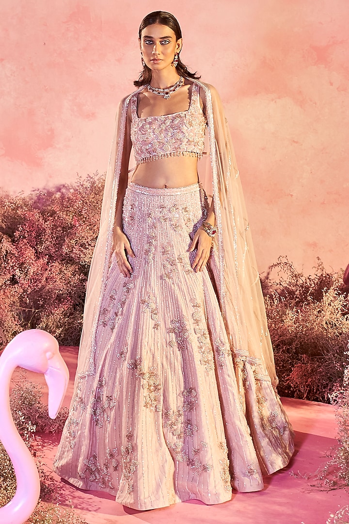 Blush Pink Mesh Sequins Embellished Wedding Lehenga Set by PARUL GANDHI at Pernia's Pop Up Shop