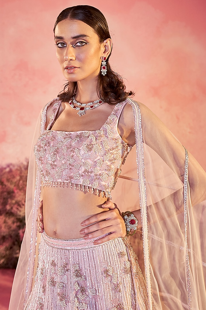 Blush Pink Mesh Sequins Embellished Bridal Lehenga Set by PARUL GANDHI at Pernia's Pop Up Shop
