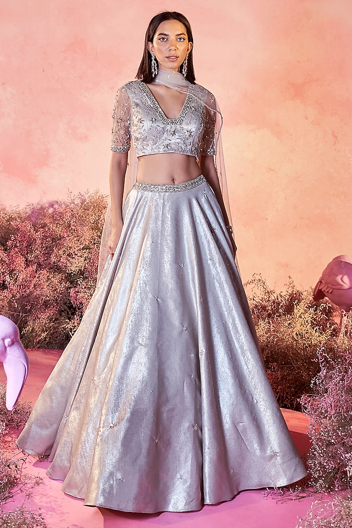 Light Grey Metallic Satin Wedding Lehenga Set by PARUL GANDHI at Pernia's Pop Up Shop