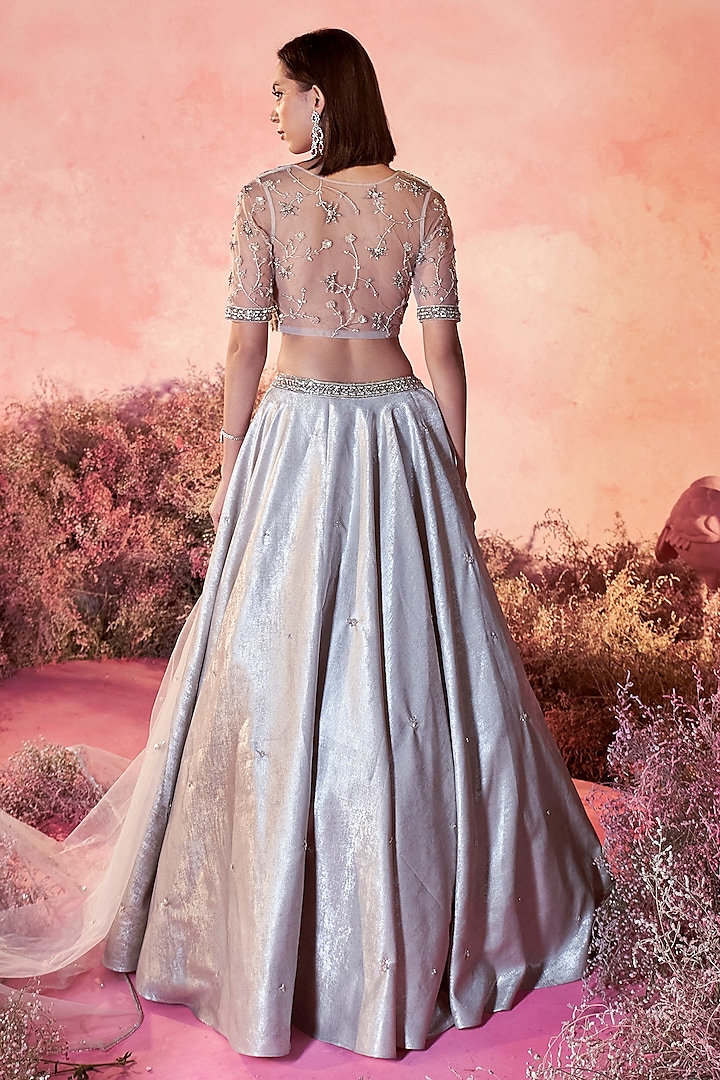 Light Grey Metallic Satin Wedding Lehenga Set by PARUL GANDHI at Pernia's Pop Up Shop