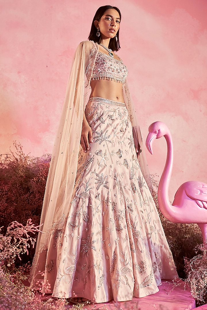 Nude Pink Mesh Hand Embroidered Wedding Lehenga Set by PARUL GANDHI at Pernia's Pop Up Shop