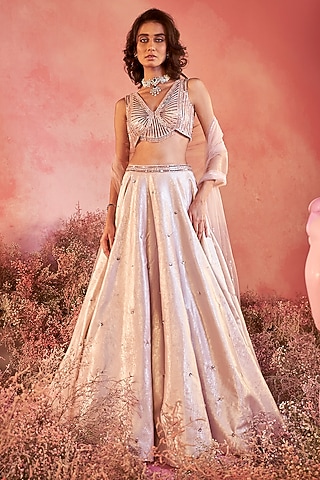 Soft Pink Metallic Satin Foil Printed Lehenga Set by PARUL GANDHI
