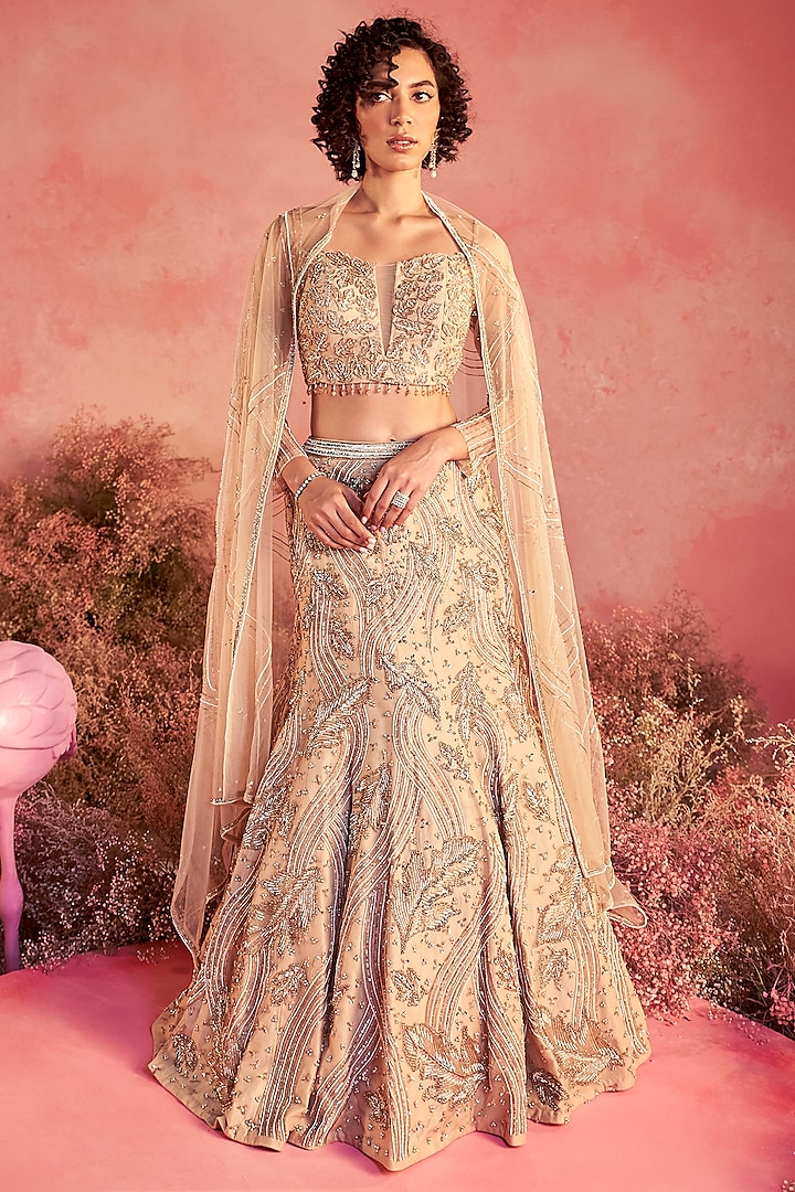 Nude Mesh Hand Embroidered Fish-Cut Lehenga Set by PARUL GANDHI