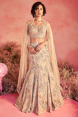 Nude Mesh Hand Embroidered Fish-Cut Lehenga Set by PARUL GANDHI