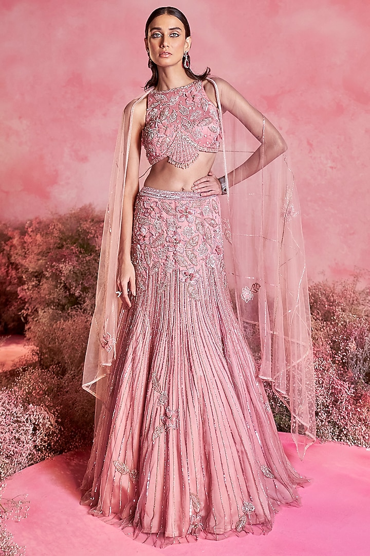 Pink Mesh Hand Embroidered Fish-Cut Wedding Lehenga Set by PARUL GANDHI at Pernia's Pop Up Shop