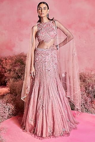 Pink Mesh Hand Embroidered Fish-Cut Lehenga Set by PARUL GANDHI