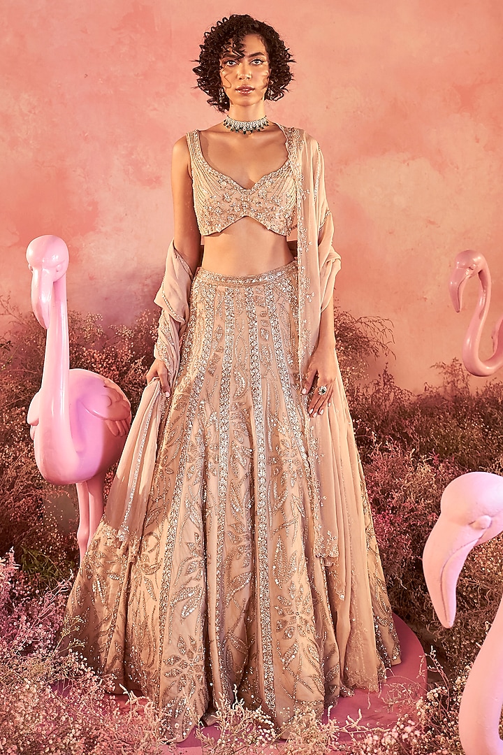 Nude Peach Mesh Embellished Bridal Lehenga Set by PARUL GANDHI at Pernia's Pop Up Shop
