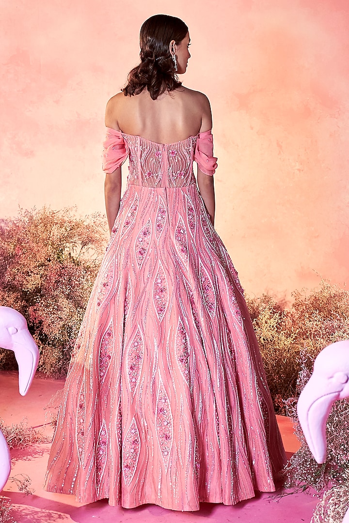 Bright Pink Mesh Hand Embroidered Wedding Gown by PARUL GANDHI at Pernia's Pop Up Shop