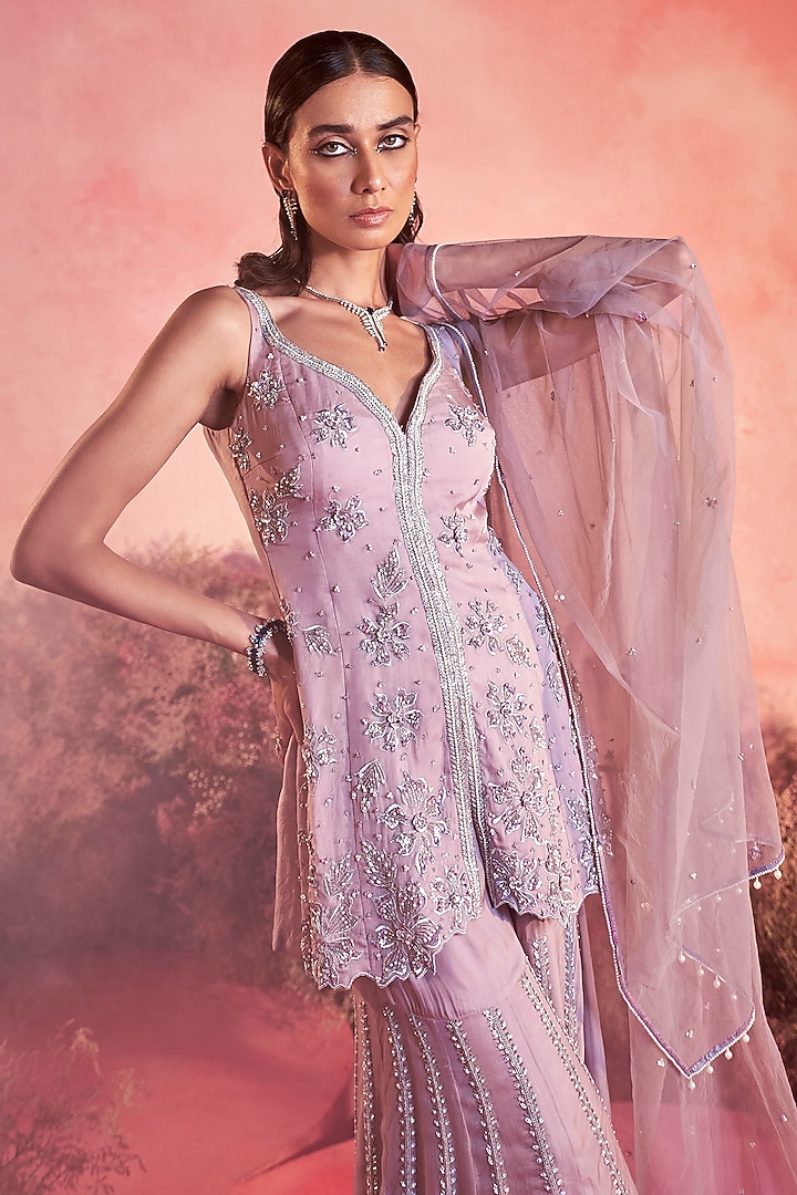 Soft Lilac Pure Organza Zari Embellished Wedding Sharara Set by PARUL GANDHI at Pernia's Pop Up Shop