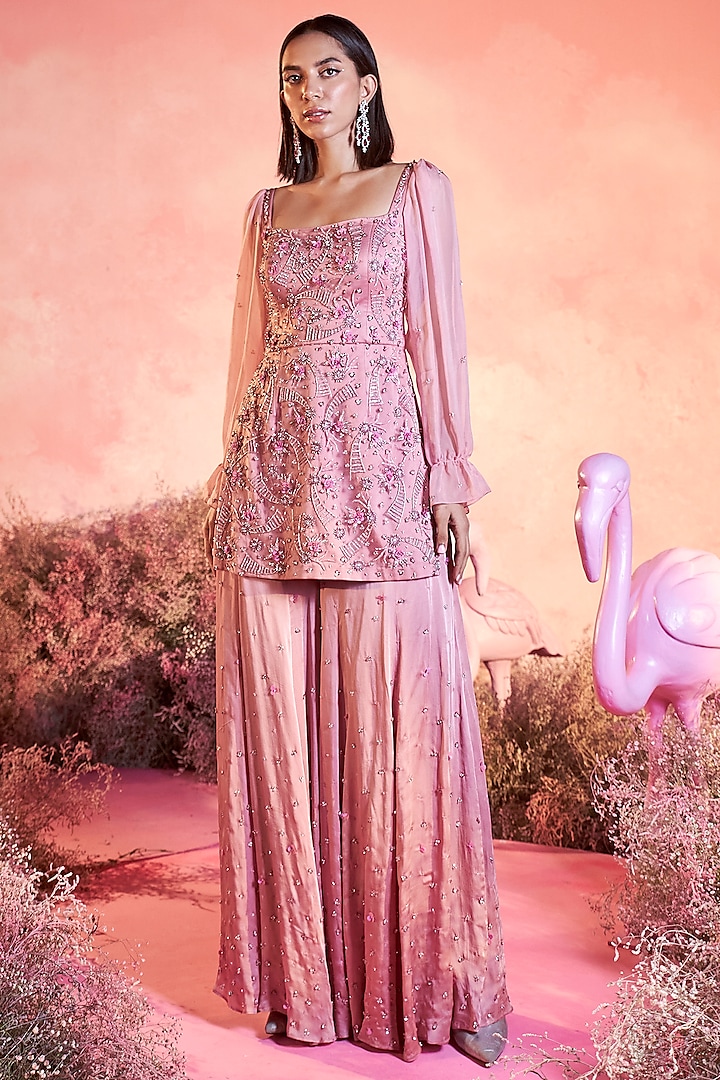Pink Mesh Embellished Sharara Set by PARUL GANDHI