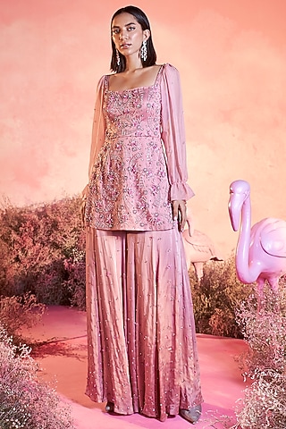 Pink Mesh Embellished Sharara Set by PARUL GANDHI