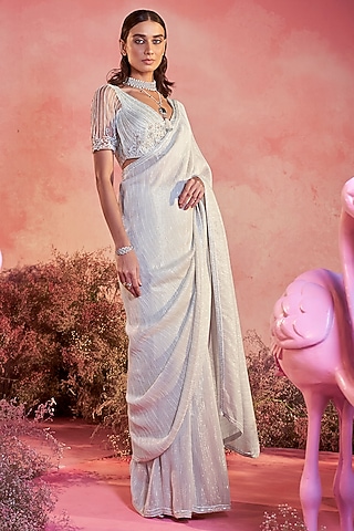 White Georgette Hand Embroidered Saree Set by PARUL GANDHI