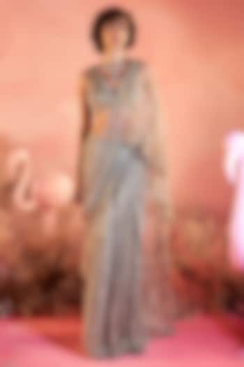 Gold Crushed Fabric Embellished Wedding Saree Set by PARUL GANDHI at Pernia's Pop Up Shop