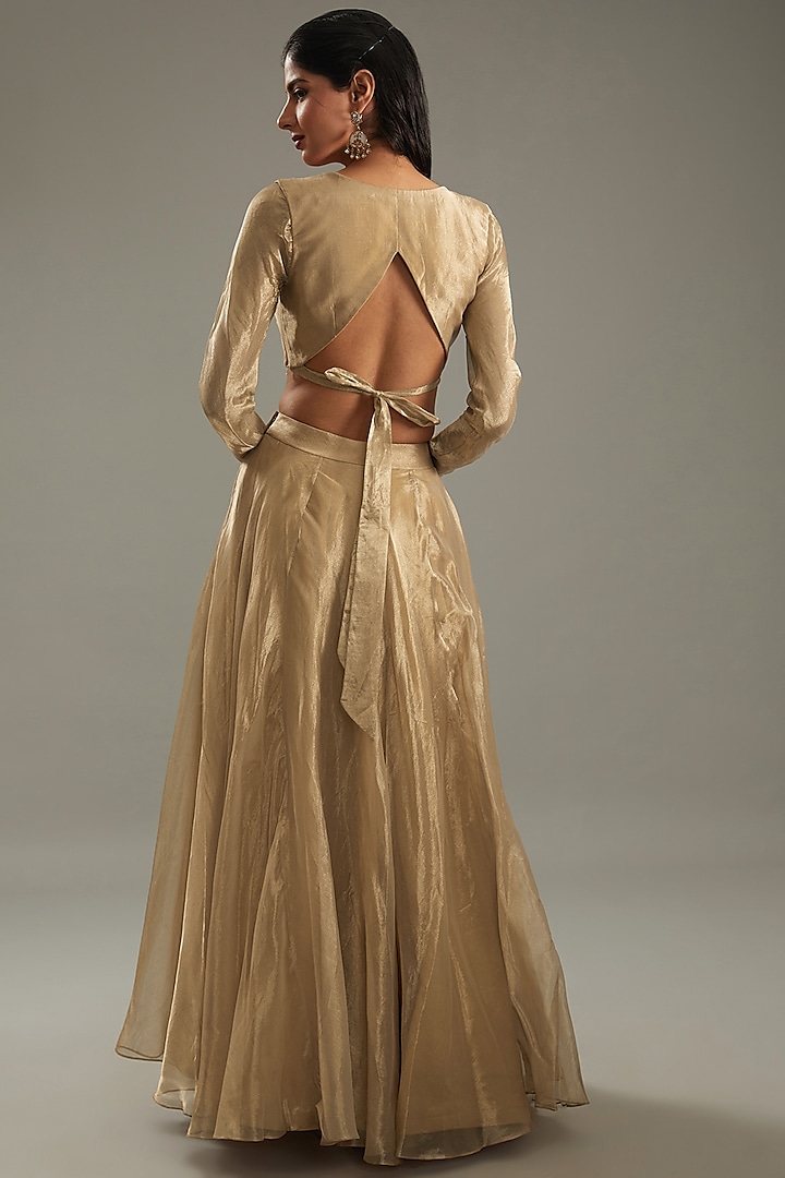 Golden Tissue & Georgette Wedding Lehenga Set by Parul Gandhi at Pernia's Pop Up Shop