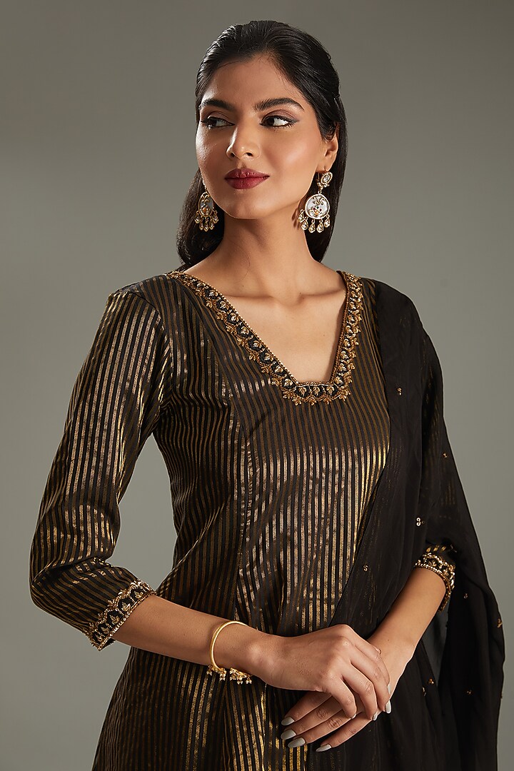 Black & Gold Brocade Chanderi Hand Embroidered Striped Kurta Set by Parul Gandhi at Pernia's Pop Up Shop