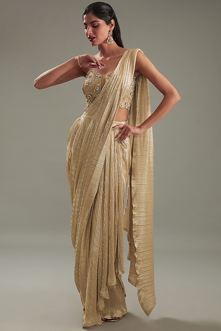 Golden Pleated Lycra Hand Embroidered Draped Saree Set by Parul Gandhi
